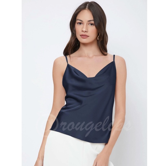 Navy Blue Glamorous Cowl Neck Spaghetti Straps Camisole Top Cami, Draped - Picture 3 of 9
